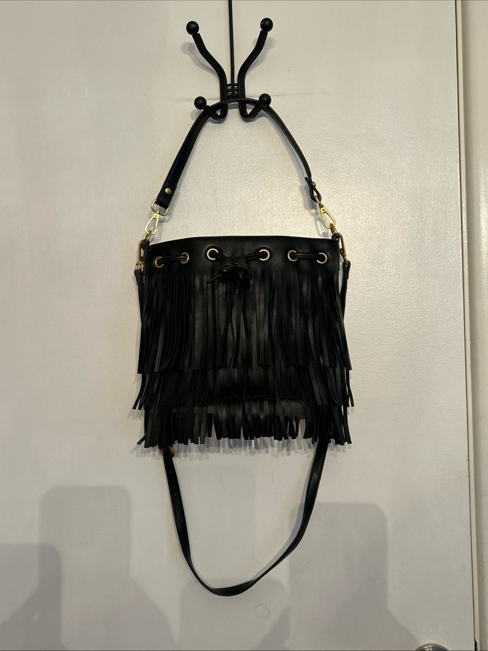 Melie Bianco Julie Fringe Bag Black Crossbody Top Handle Vegan Leather Eyelets